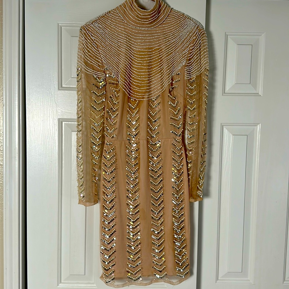 ASOS nude color dress with high neck and beads and pearls